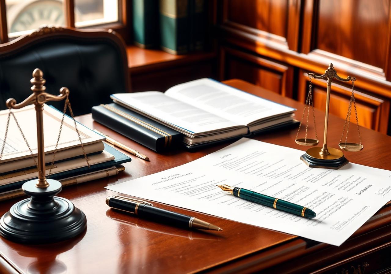 Mesa de advogado com documentos jurídicos e balança da justiça