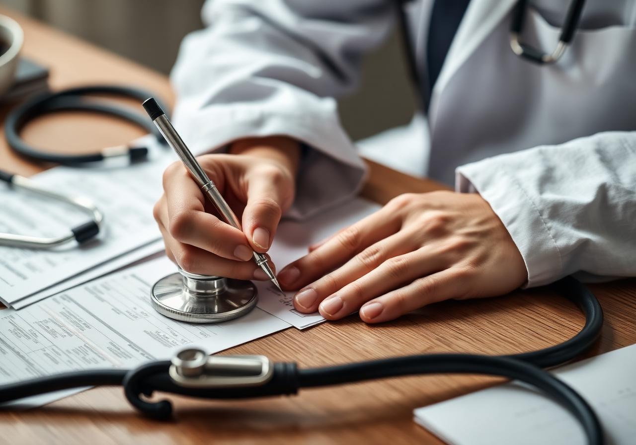 Mãos de médico assinando uma prescrição sobre a mesa com estetoscópio